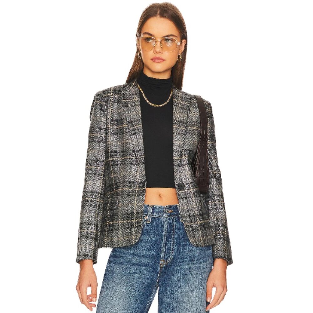 L'Agence Diana Silver Metallic Plaid Skinny Lapel Blazer | Size 0